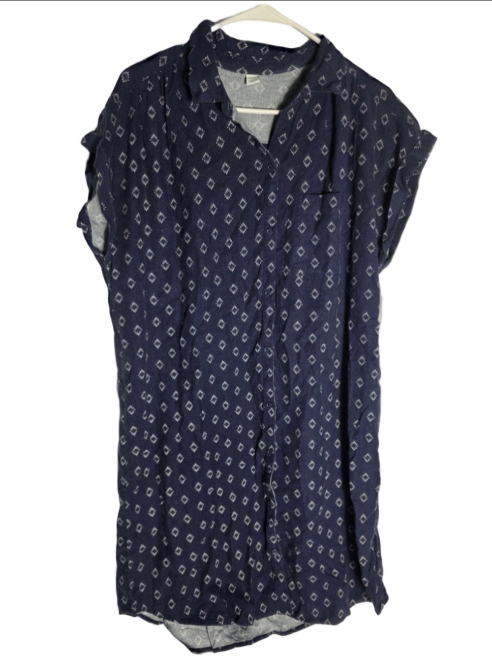 Women's Old Navy Button Down Shirt dress Size L Blue White Geometric Print